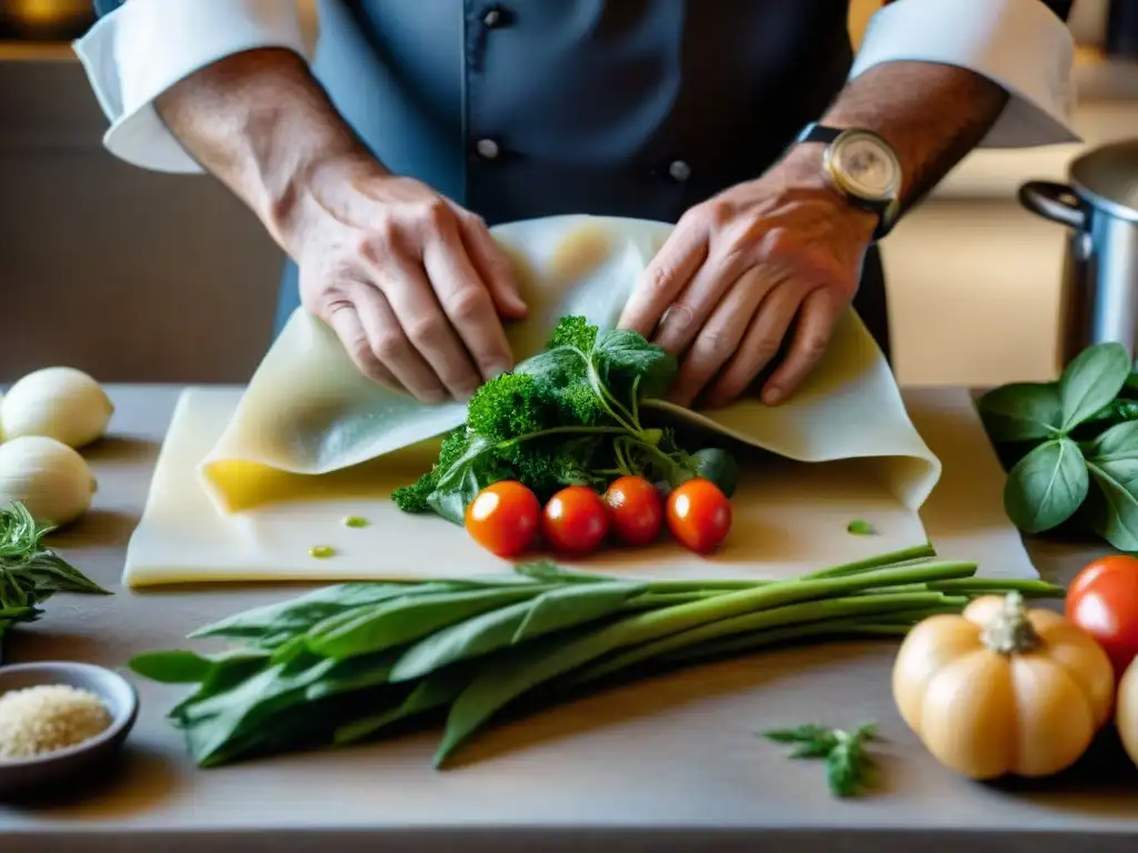 Conservación al vacío en cocina italiana: Un chef sellando hierbas y vegetales frescos con precisión en una cocina toscana