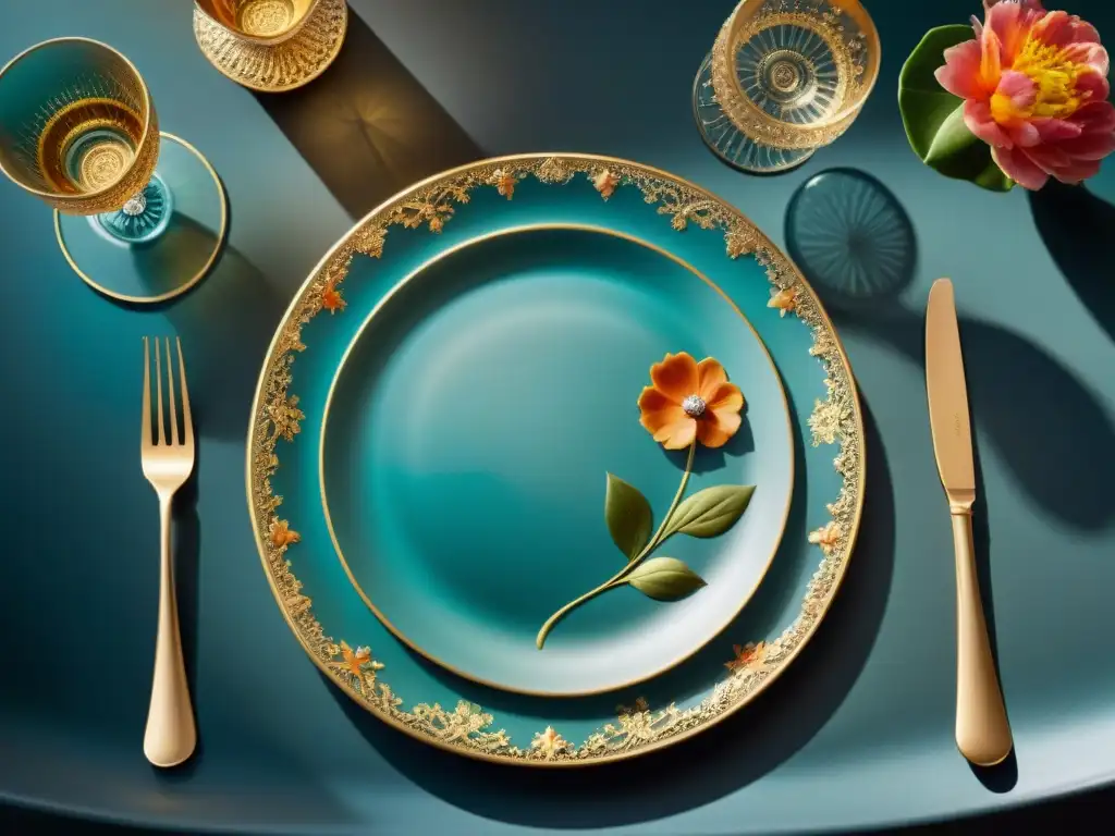 Vajilla de diseñador italiano gourmet con detalles florales en vibrantes colores y acabados en oro, sobre mesa elegante con cubiertos y cristalería