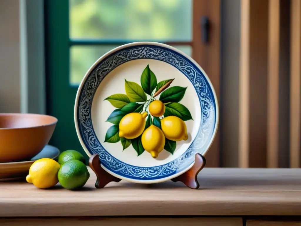 Vajilla italiana de alta calidad: Detalle de un plato de cerámica pintado a mano con motivos tradicionales