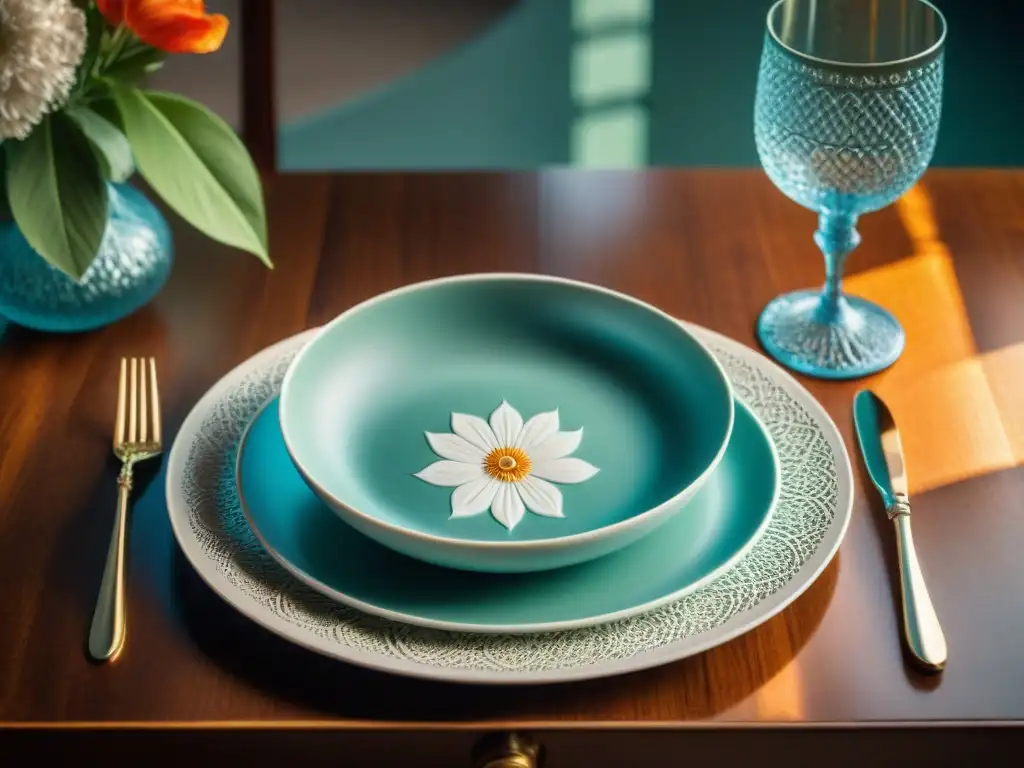 Vajilla italiana de alta calidad: Detalle exquisito de porcelana y cubiertos de plata en elegante mesa de madera