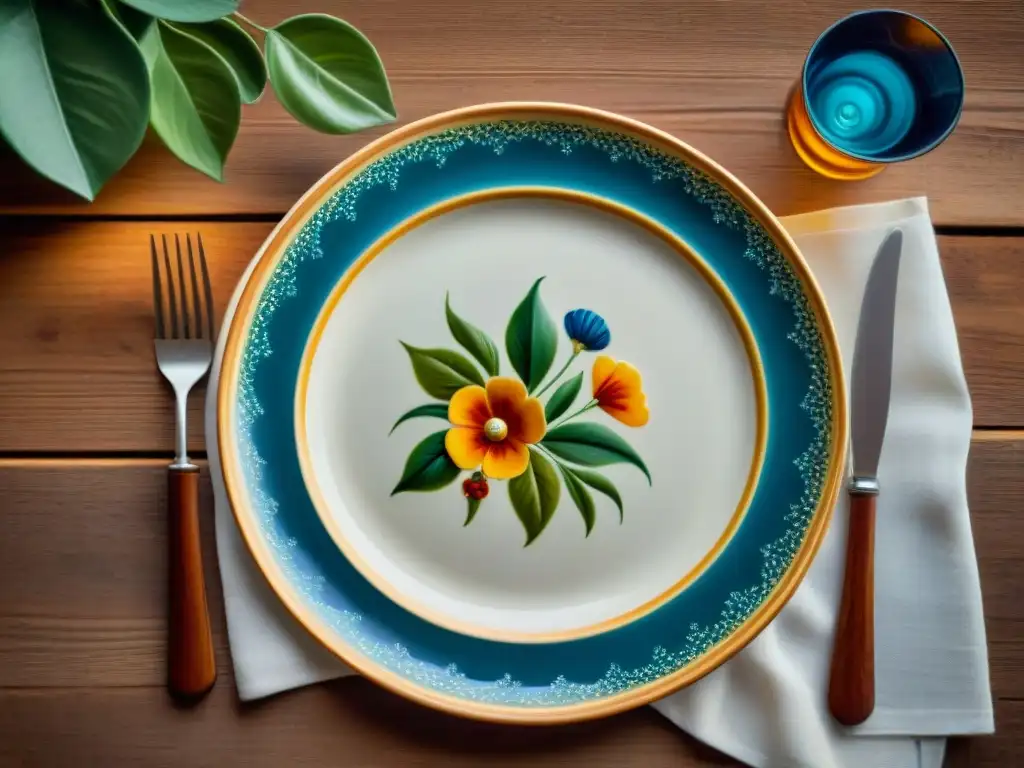 Vajilla italiana de alta calidad: Detalle de un plato cerámico tradicional, pintado a mano con intrincados diseños florales en colores vibrantes sobre una mesa de madera rústica iluminada por el sol