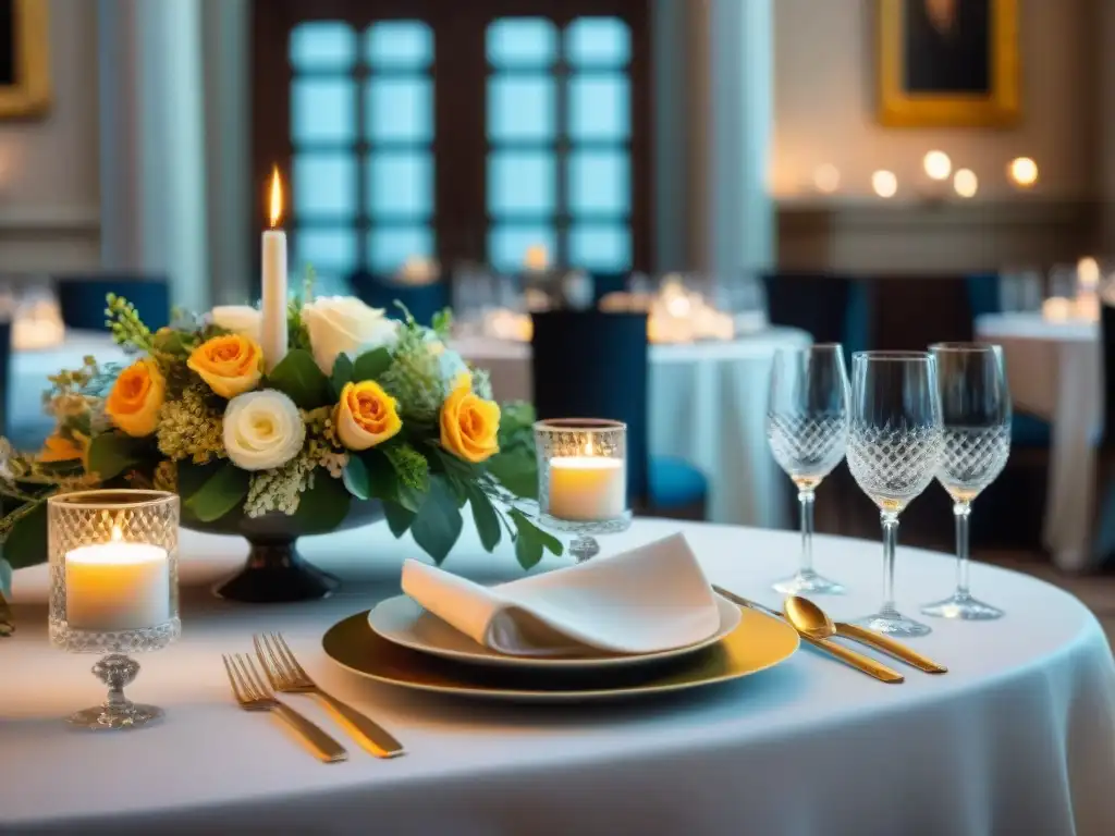 Vajilla italiana para cena gala: mesa lujosamente decorada con platos, cubiertos y copas de cristal, rodeada de elegancia y refinamiento