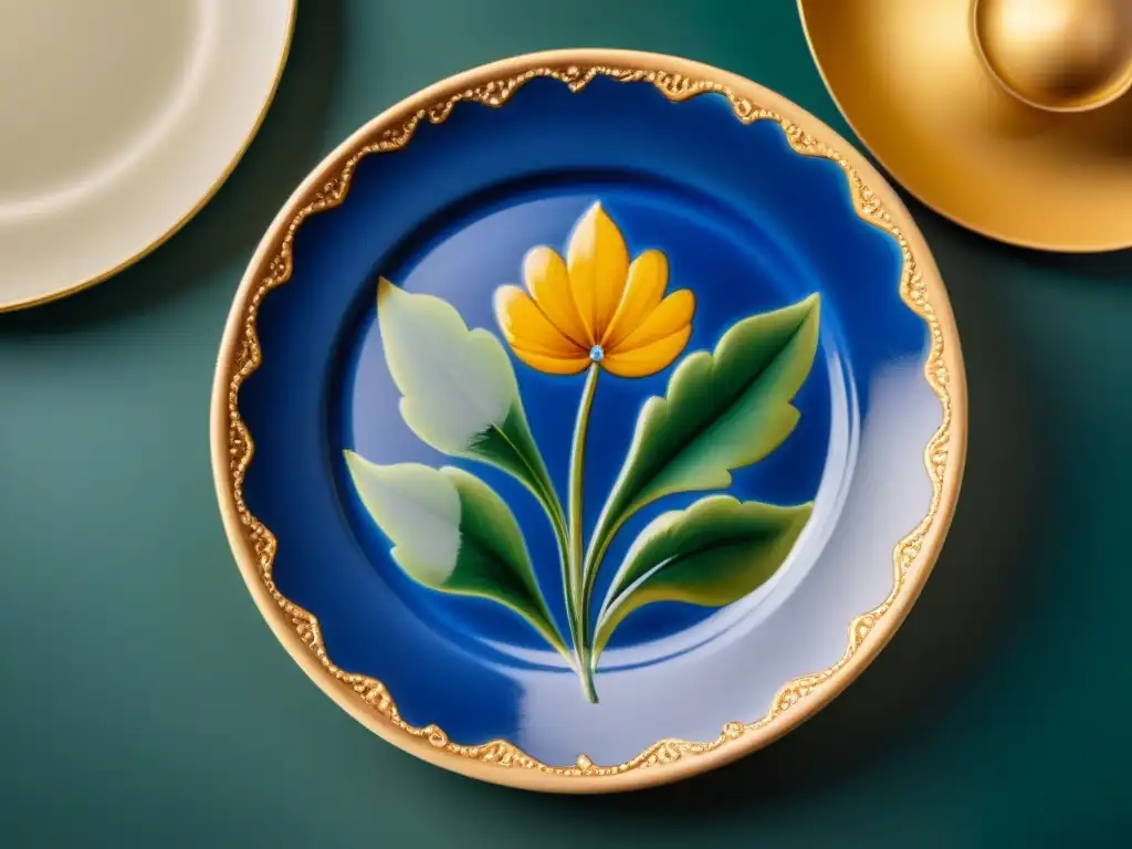 Vajilla italiana diseño colecciones históricas: Plato de cerámica pintado a mano con motivos florales en azul, verde y dorado, reflejando tradición y sofisticación