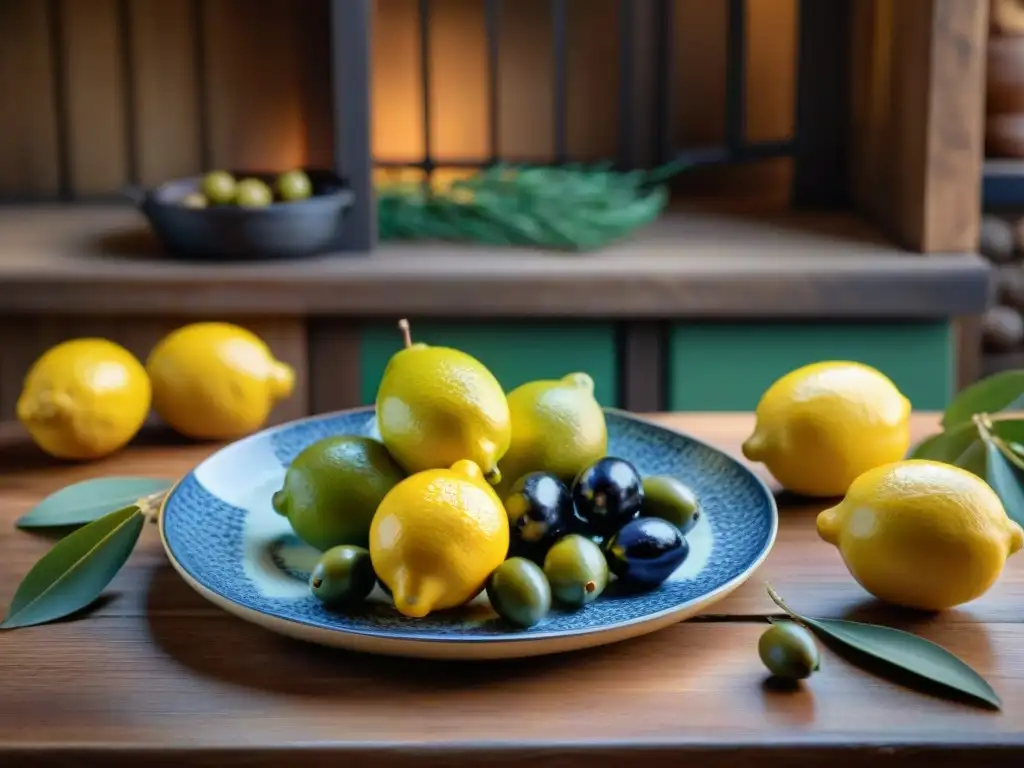 Una vajilla italiana de diseñador gourmet con limones y aceitunas, en una cocina toscana rústica