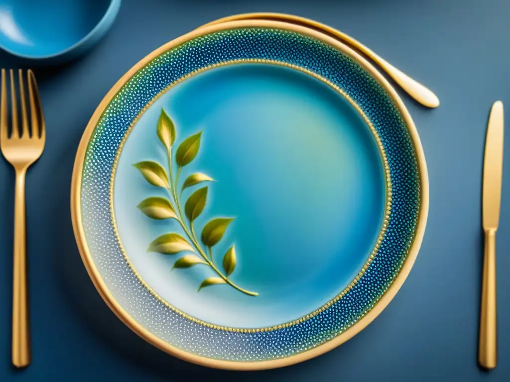 Vajilla italiana de lujo: Detalle de un plato de porcelana pintado a mano con elegantes motivos florales en azul, verde y dorado