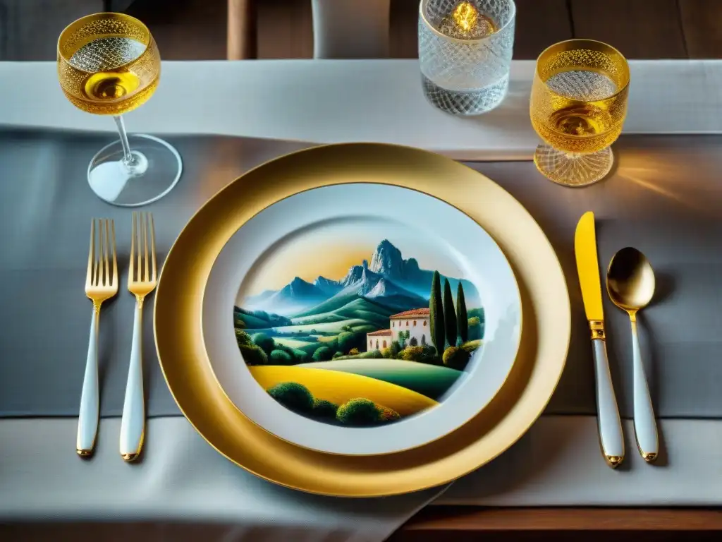 Vajilla italiana de lujo: Plato de porcelana Limoges pintado a mano con detalles de hoja de oro, paisaje toscano y cubiertos de plata