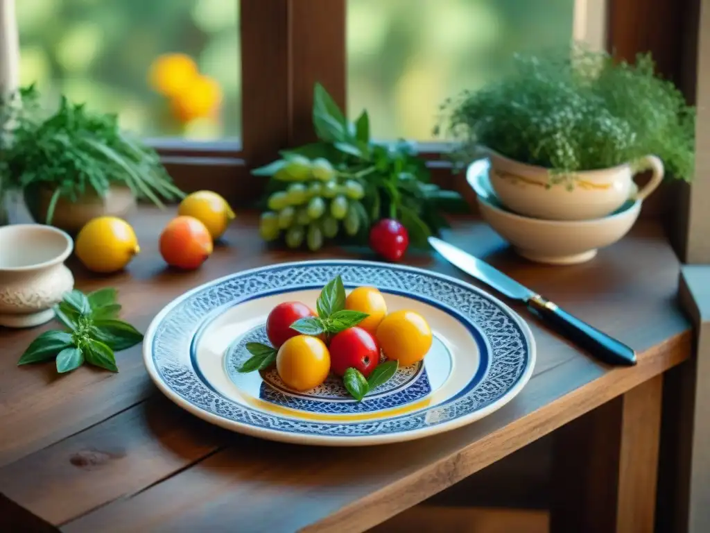 Vajilla italiana para impresionar: Platos de cerámica pintados a mano en mesa rústica con frutas y hierbas frescas, bañados por la luz solar