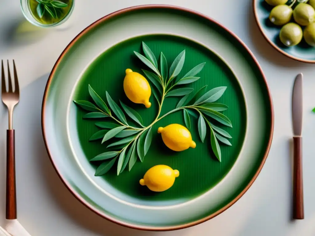 Vajillas y cuberterías italianas duraderas: Detalle de un plato artesanal italiano con motivos de ramas de olivo y limones en colores vibrantes, resaltando la calidad y el diseño excepcional