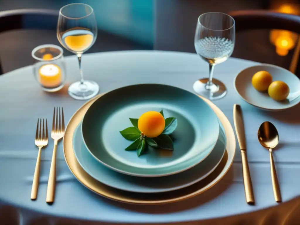 Vajillas y cuberterías italianas exclusivas meticulosamente dispuestas en elegante mesa de restaurante con luz de velas