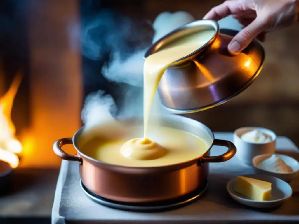 El vapor se eleva de un delicioso zabaione italiano tradicional cocinado en una olla de cobre, en una cocina rústica