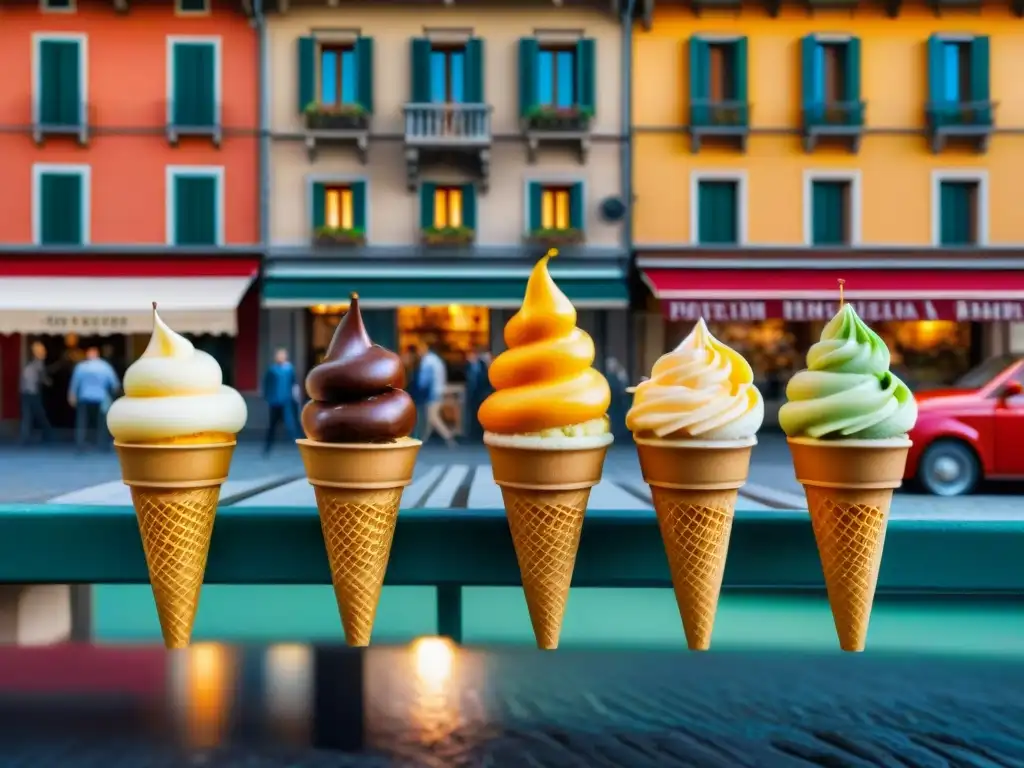 Delicias italianas: Gelato vibrante en bulliciosa calle Deléitate con los variados sabores y colores del gelato italiano en una bulliciosa calle, reflejando los orígenes del gelato italiano