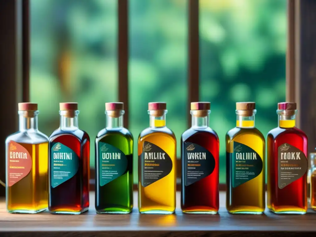 Selección gourmet: aceites y vinagres artesanales en botellas coloridas Una variedad de aceites y vinagres coloridos en botellas, sobre una mesa de madera rústica