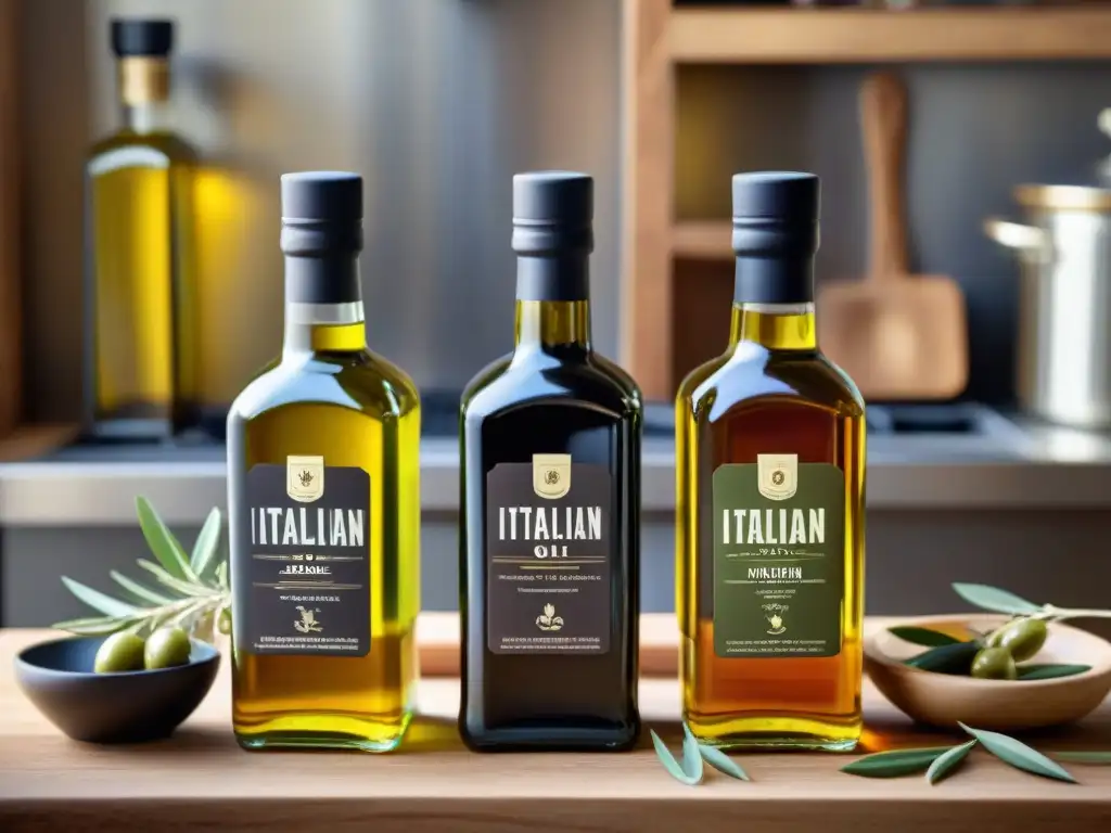 Delicias italianas: aceites de oliva y vinagres balsámicos de alta calidad en una cocina tradicional Variedad de aceites y vinagres italianos de alta calidad en elegantes botellas de vidrio, en una cocina tradicional italiana