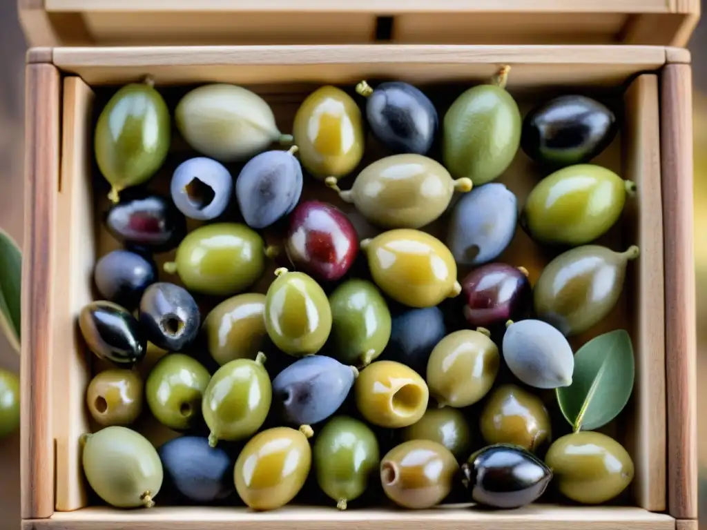 Una variedad de aceitunas en diferentes colores y tamaños, con etiquetas detalladas