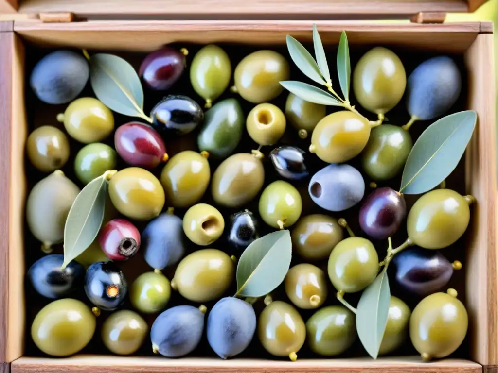 Una variedad de aceitunas en detalle, resaltando sus formas y colores