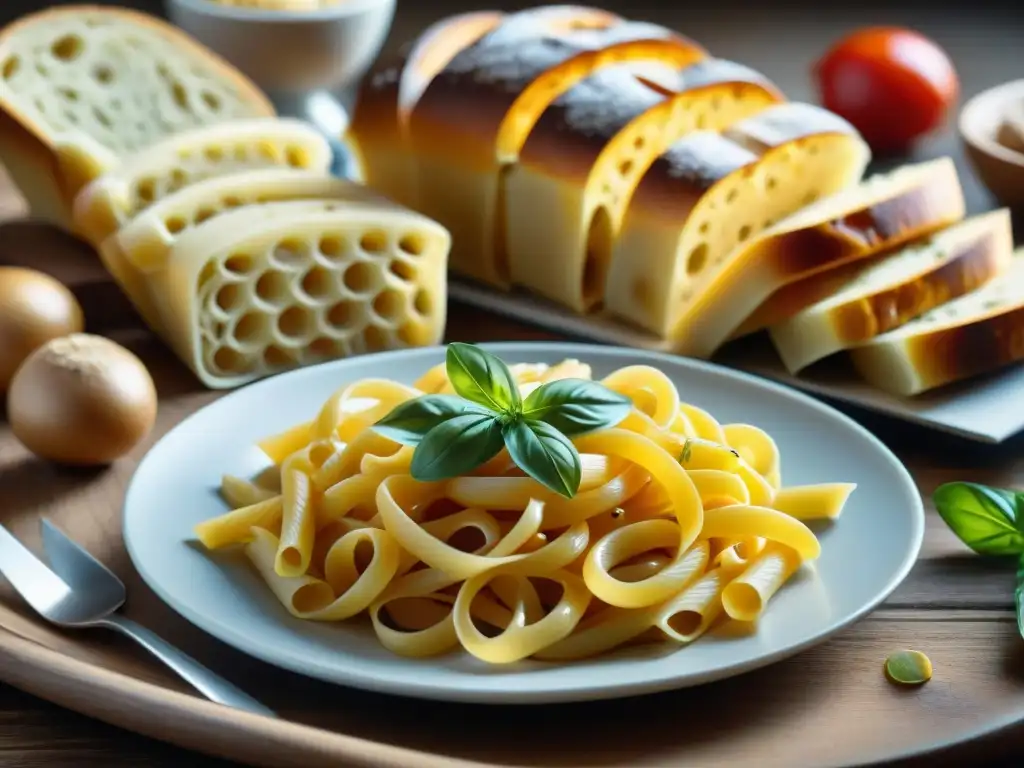 Variedad de carbohidratos italianos para mejorar digestión, presentados con detalle en una mesa rústica