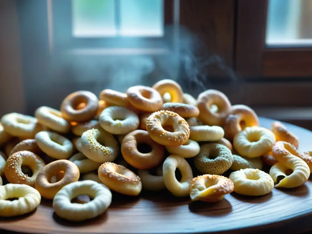 Variedad de taralli recién horneados en una mesa rústica con sabores y texturas únicas