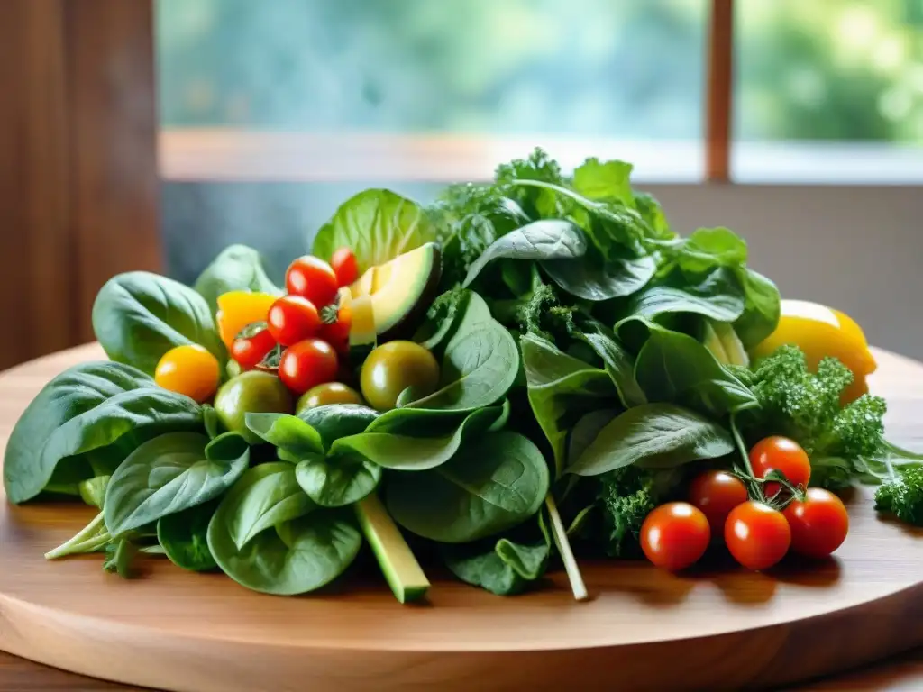 Una variedad de ingredientes frescos y coloridos para ensalada, dispuestos con detalle en una mesa rústica