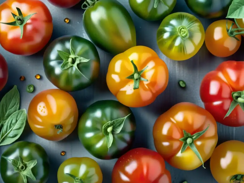 Variedad de tomates italianos recién cosechados con colores y texturas únicas, ingredientes sostenibles cocina italiana