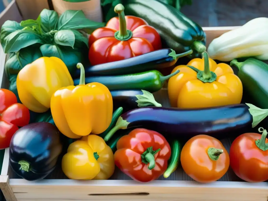 Variedad de vegetales frescos en caja de madera en mercado italiano