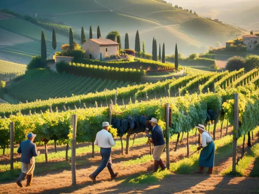 Variedades autóctonas vinos tradicionales Italia: Viticultores italianos cosechando uvas al amanecer en un viñedo pintoresco