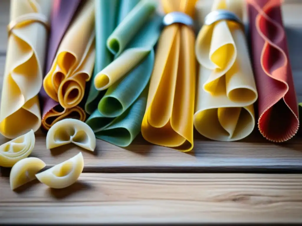 Variedades regionales de pasta italiana en rústica mesa de madera con diversidad de formas y colores