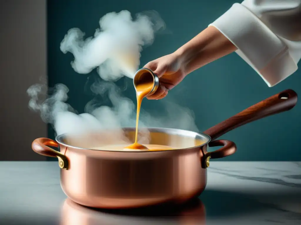 Varillas italianas para salsas perfectas: Mano batiendo una salsa cremosa en olla de cobre con un batidor tradicional italiano