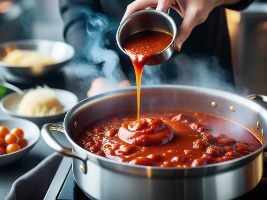 Varillas italianas para salsas perfectas: Mano removiendo salsa de tomate roja y cremosa con elegancia