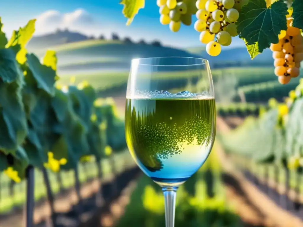 Un vaso de Falanghina blanco fresco brilla al sol en un viñedo, con maridajes refrescantes de verano