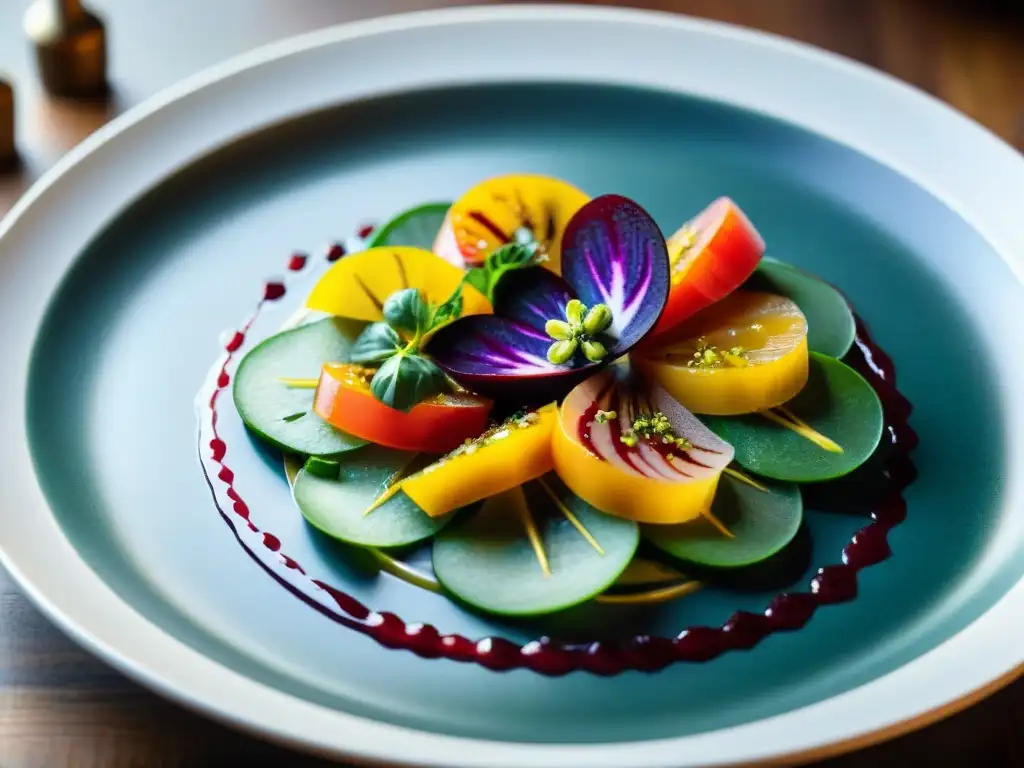 Exquisito carpaccio vegano: frescura y arte culinario Innovación vegana en Carpaccio italiano: plato colorido de vegetales frescos y vistosos, con una presentación elegante y creativa