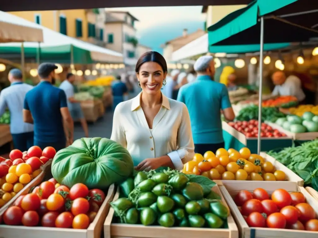 Comparación sabores gastronomía vegana italiana en vibrante mercado de Italia con tomates, albahaca, ajo y aceite de oliva