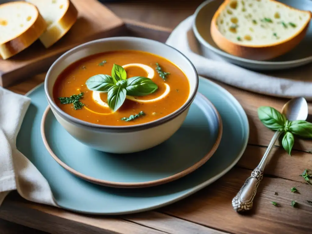 Una vellutata italiana cremosa con aceite de oliva, pimienta y albahaca, en una mesa rústica