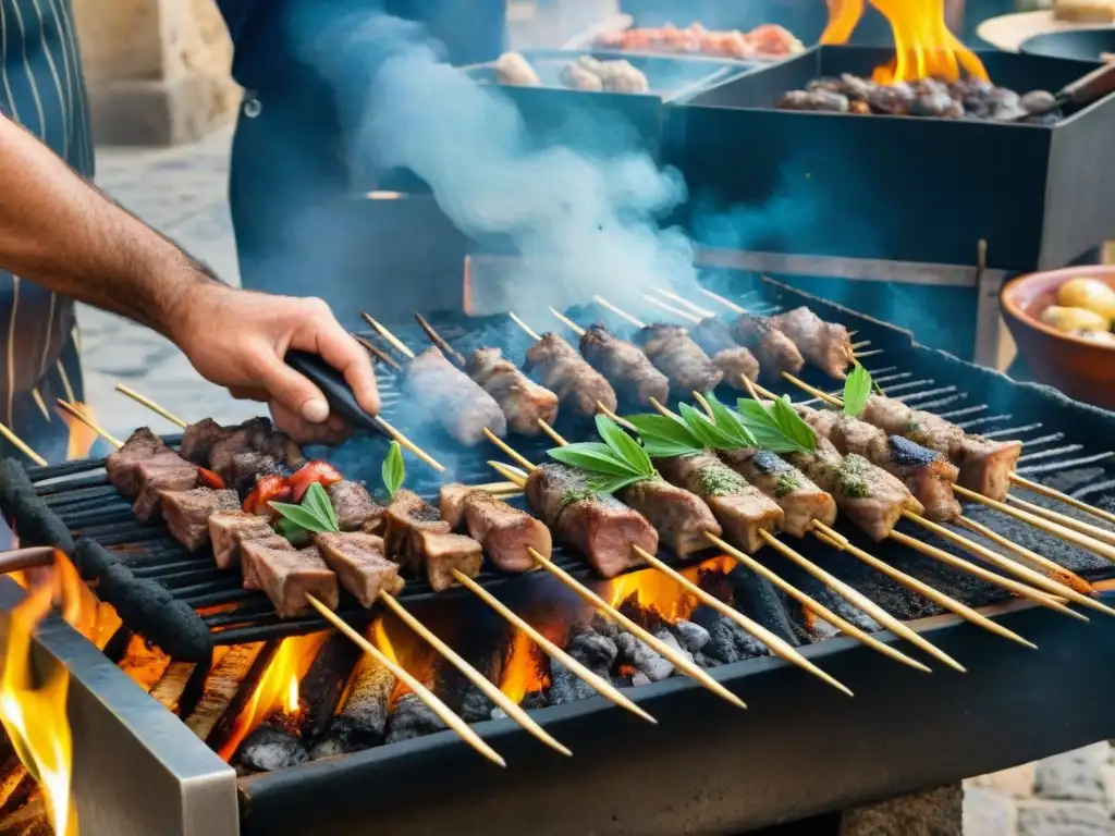 El hábil vendedor de la calle en Sicilia prepara stigghiola siciliana sobre parrilla, mostrando la receta auténtica