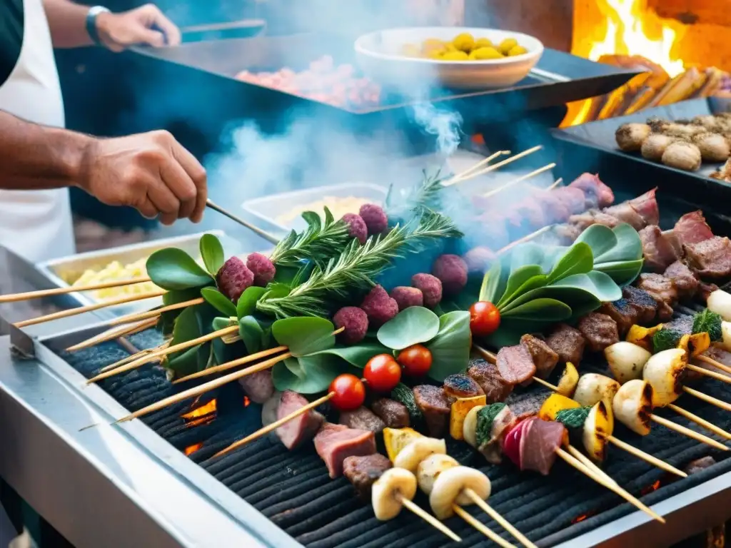 Un vendedor callejero en Sicilia asa pinchos de stigghiola, mostrando capas de carne de órganos sazonada, con humo danzando alrededor