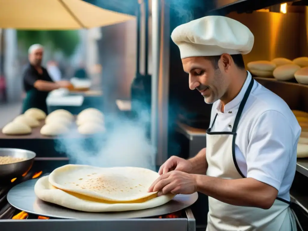 Un vendedor callejero en Emilia-Romaña prepara con maestría una receta auténtica de piadina romagnola en una escena vibrante al atardecer