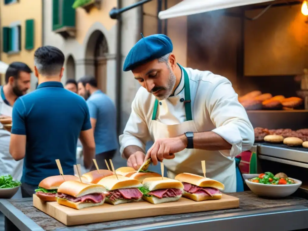 Un vendedor callejero de Florencia preparando un sándwich lampredotto, inmerso en la tradición culinaria callejera de Florencia