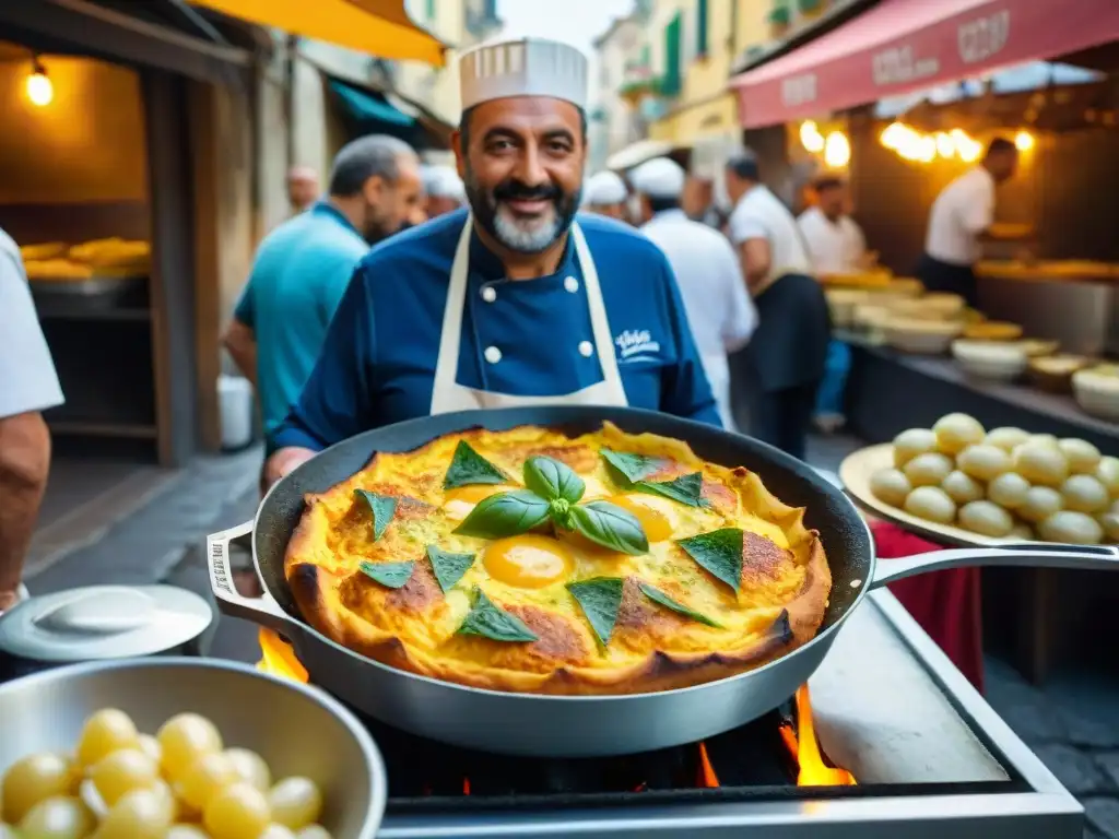 Un vendedor callejero napolitano preparando Frittata di pasta ante la multitud curiosa