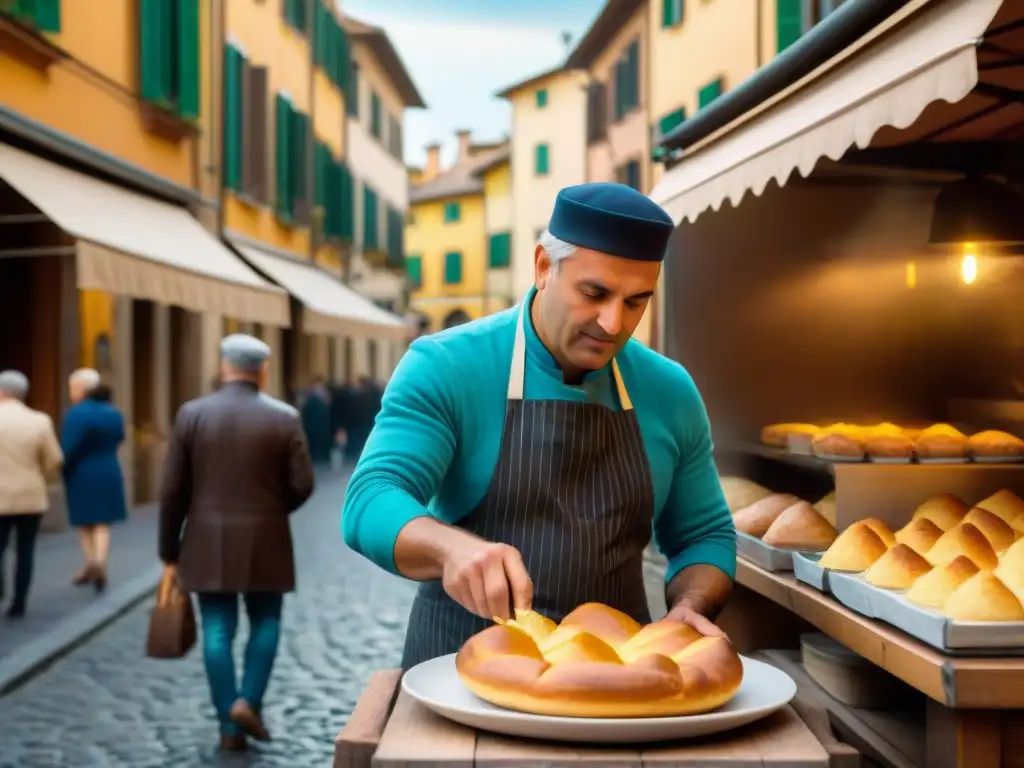 Un vendedor callejero en Parma moldea con destreza una Torta Fritta dorada y crujiente, capturando la esencia de la receta tradicional