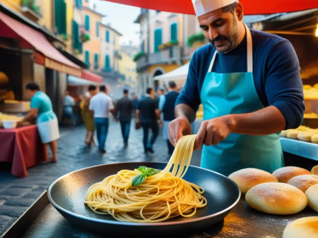 Un vendedor callejero en Nápoles, Italia, elaborando Pasta Cresciuta receta tradicional en una sartén grande y chisporroteante