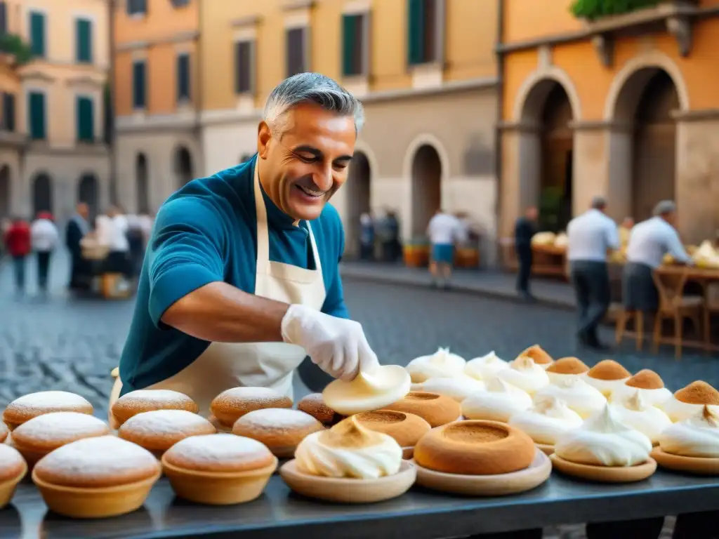 Un vendedor callejero en Roma prepara un Maritozzo con panna receta tradicional, mostrando la auténtica tradición culinaria romana