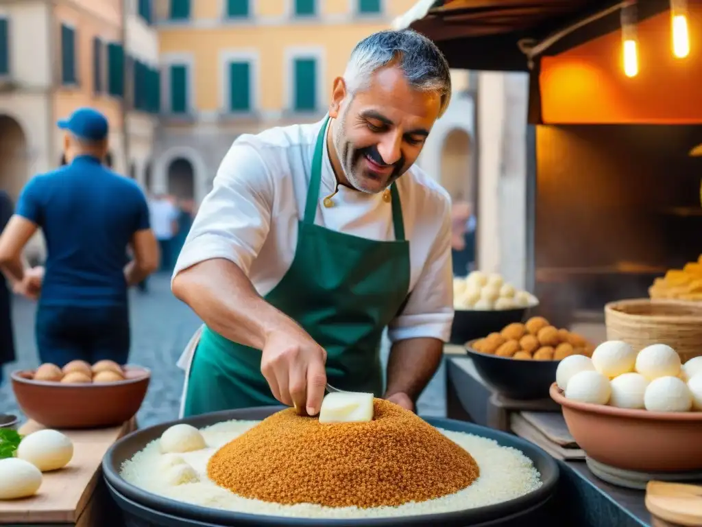 Un vendedor callejero romano preparando Supplì al Telefono en una cocina tradicional al aire libre