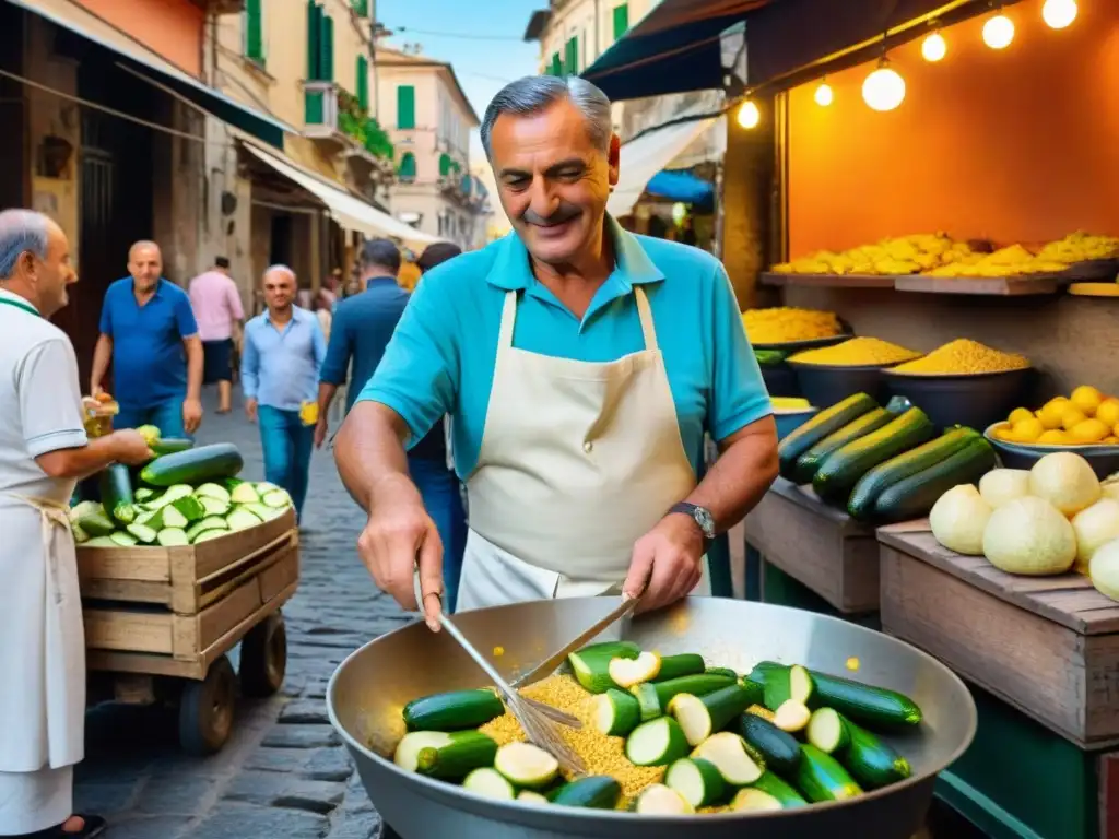 Un vendedor callejero de Nápoles prepara scagliozzi dorados en aceite, rodeado de zucchinis y edificios coloridos