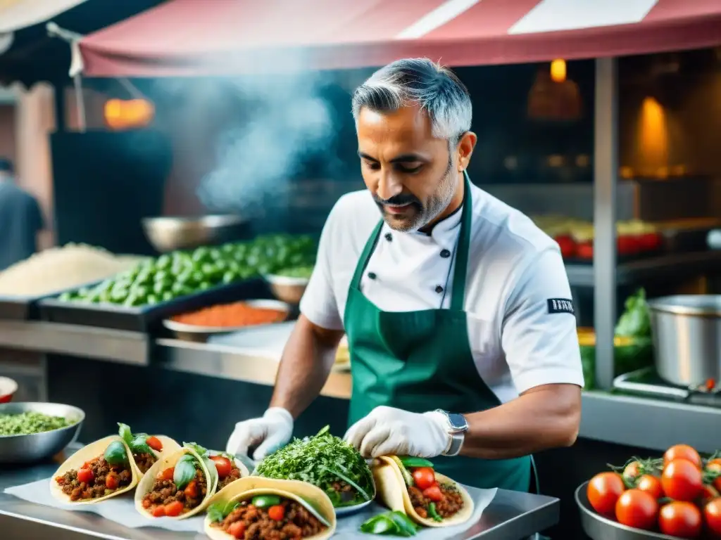 Un vendedor callejero en Roma preparando Tacos al estilo Roma con ingredientes mexicanos e italianos, en una escena colorida y auténtica