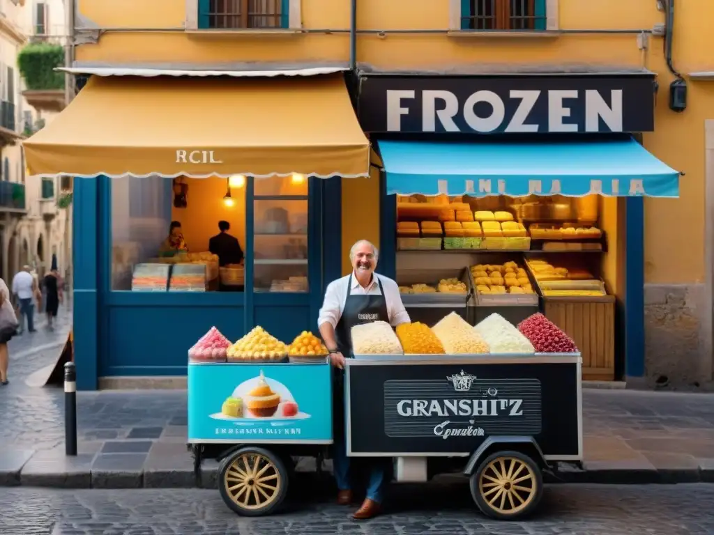 Vendedor de Granita tradicional en Sicilia preparando la delicia bajo el sol mediterráneo entre coloridos paraguas