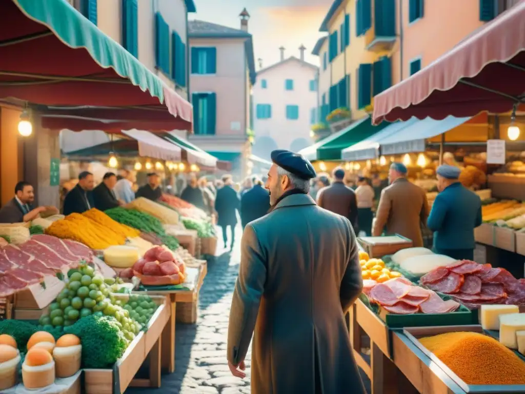 Vendedor italiano muestra productos en mercado al aire libre con banderas italianas ondeando