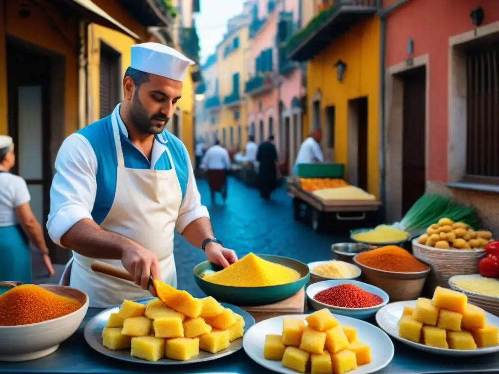 Vendedor preparando Scagliozzi en la calle de Nápoles, evocando historia y tradición culinaria