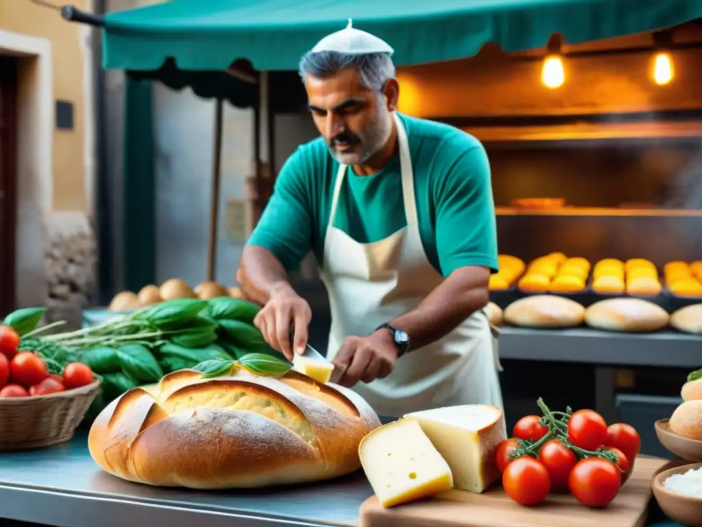 Un vendedor siciliano preparando un delicioso Pane Cunzato con ingredientes frescos