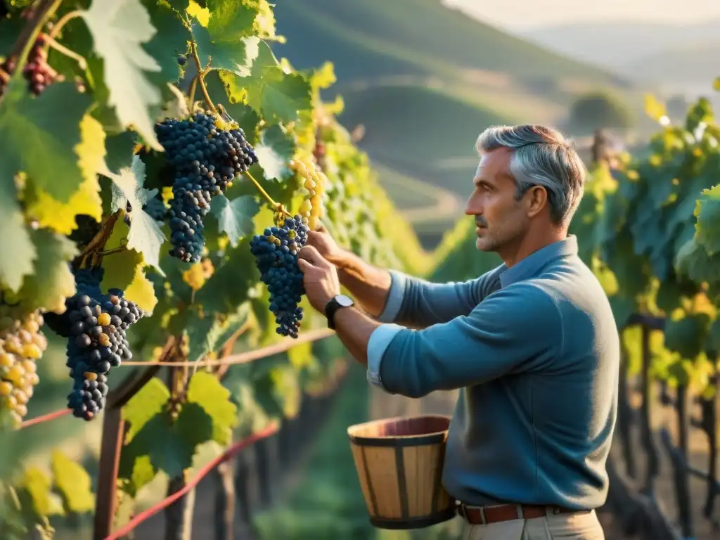 Vendimia italiana: trabajadores seleccionando uvas maduras bajo el cálido sol en viñedo pintoresco