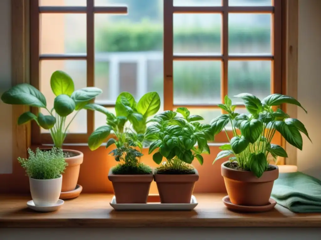 Ventana de cocina italiana con hierbas aromáticas frescas en macetas de terracota, bañadas por la luz del sol matutino