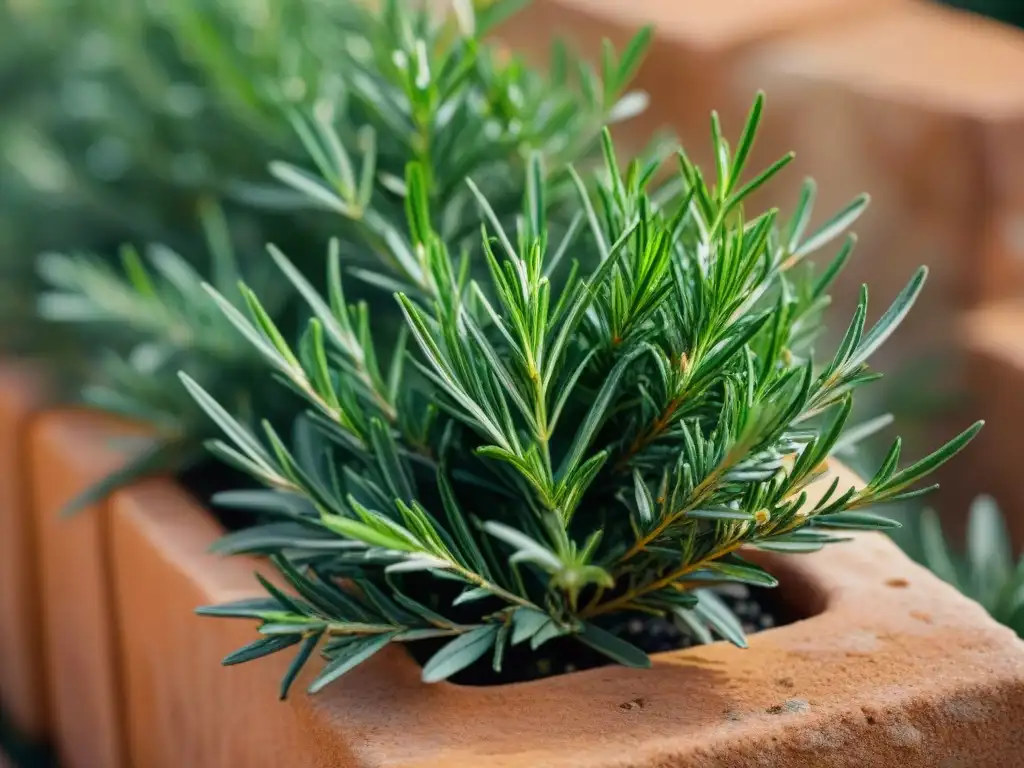 Un romero verde vibrante en un jardín italiano, con detalles de hojas y rocío, evocando la tradición culinaria